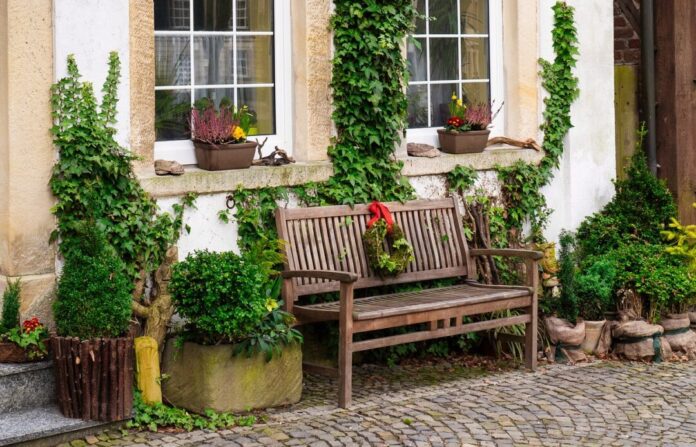 bench, facade, garden